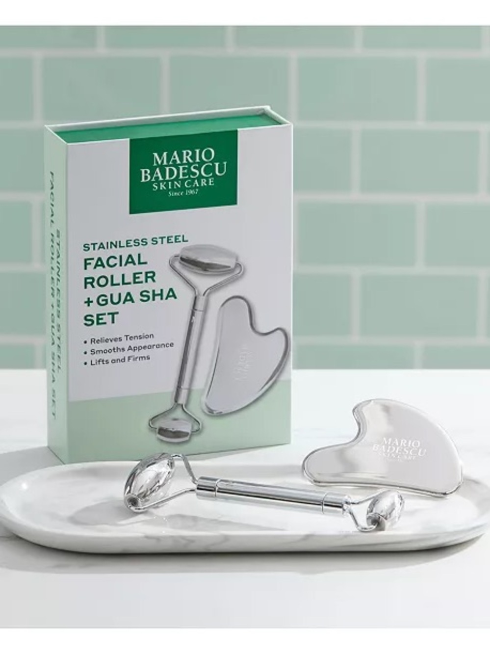 Mario Badescu Stainless Steel Facial Roller & Gua Sha Set - Silver